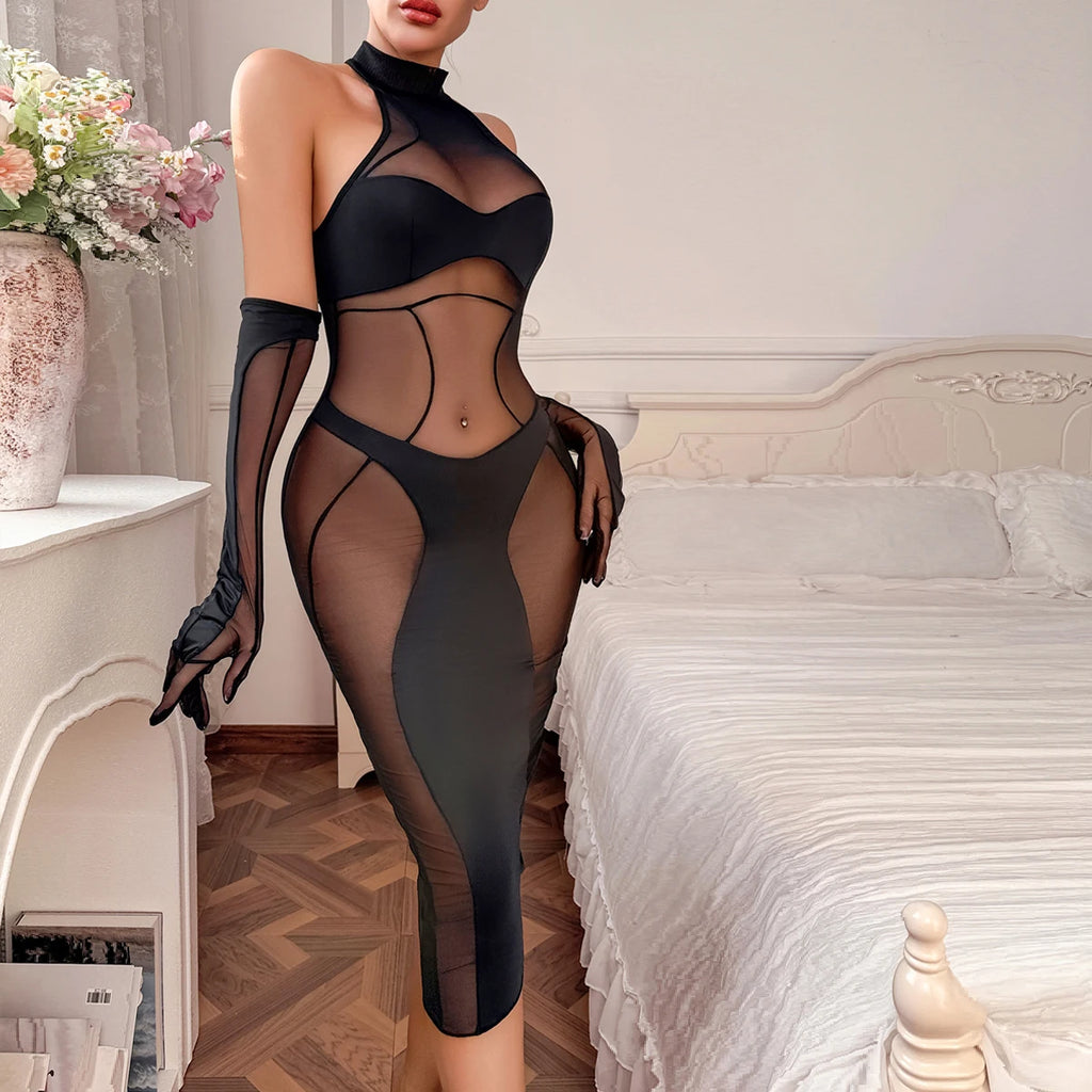 Ellolace Elegant Bodysuit Sleeveless Sexy Long Body Thong 2PC with Gloves Exclusive Mesh Pattern See Through Zip Female Clothing