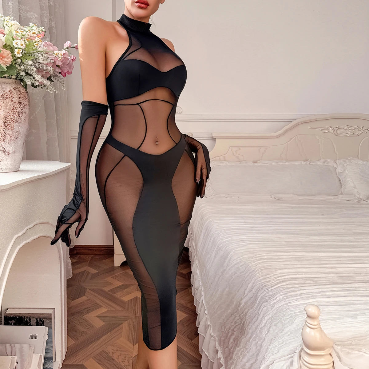 Ellolace Elegant Bodysuit Sleeveless Sexy Long Body Thong 2PC with Gloves Exclusive Mesh Pattern See Through Zip Female Clothing