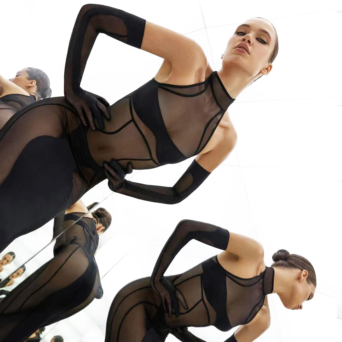 Ellolace Elegant Bodysuit Sleeveless Sexy Long Body Thong 2PC with Gloves Exclusive Mesh Pattern See Through Zip Female Clothing