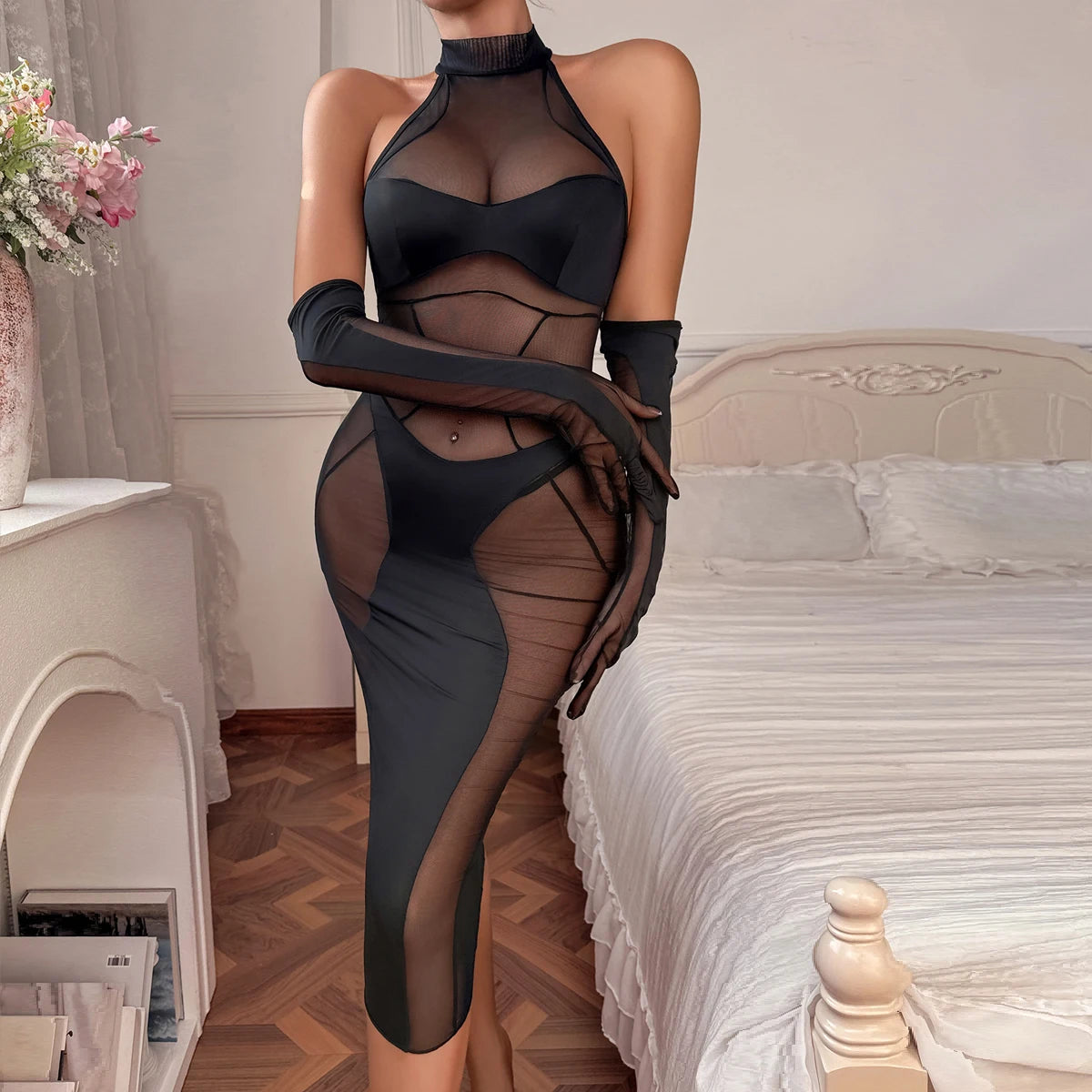 Ellolace Elegant Bodysuit Sleeveless Sexy Long Body Thong 2PC with Gloves Exclusive Mesh Pattern See Through Zip Female Clothing