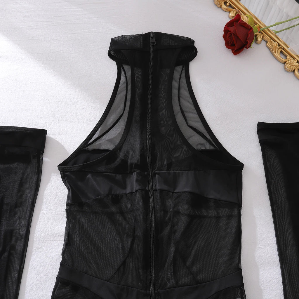 Ellolace Elegant Bodysuit Sleeveless Sexy Long Body Thong 2PC with Gloves Exclusive Mesh Pattern See Through Zip Female Clothing