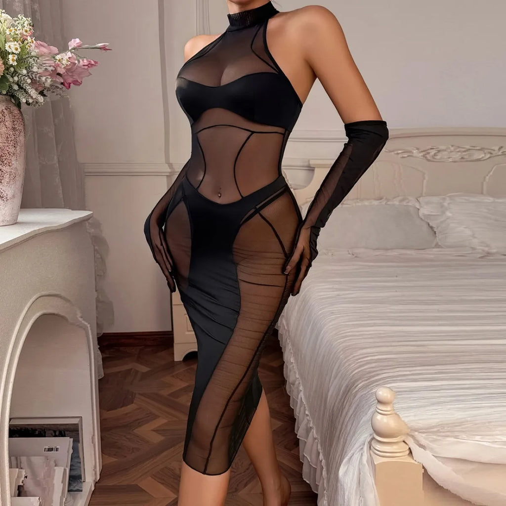 Ellolace Elegant Bodysuit Sleeveless Sexy Long Body Thong 2PC with Gloves Exclusive Mesh Pattern See Through Zip Female Clothing