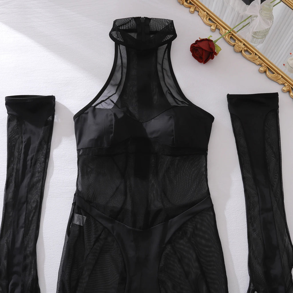 Ellolace Elegant Bodysuit Sleeveless Sexy Long Body Thong 2PC with Gloves Exclusive Mesh Pattern See Through Zip Female Clothing