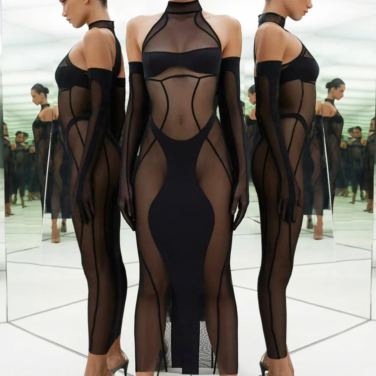 Ellolace Elegant Bodysuit Sleeveless Sexy Long Body Thong 2PC with Gloves Exclusive Mesh Pattern See Through Zip Female Clothing