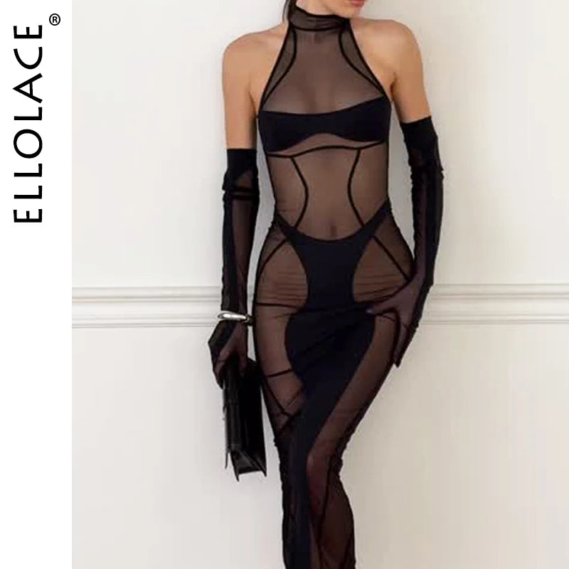 Ellolace Elegant Bodysuit Sleeveless Sexy Long Body Thong 2PC with Gloves Exclusive Mesh Pattern See Through Zip Female Clothing