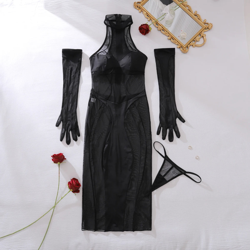 Ellolace Elegant Bodysuit Sleeveless Sexy Long Body Thong 2PC with Gloves Exclusive Mesh Pattern See Through Zip Female Clothing