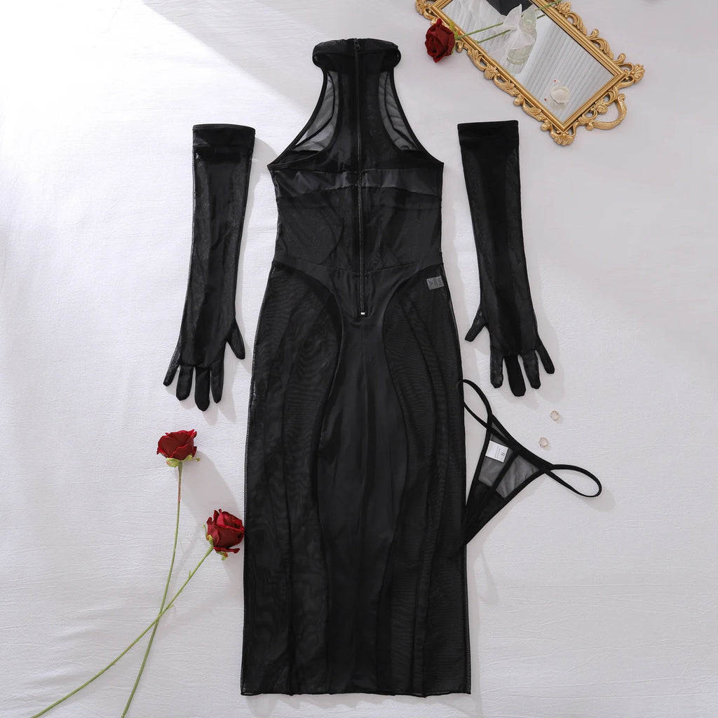 Ellolace Elegant Bodysuit Sleeveless Sexy Long Body Thong 2PC with Gloves Exclusive Mesh Pattern See Through Zip Female Clothing