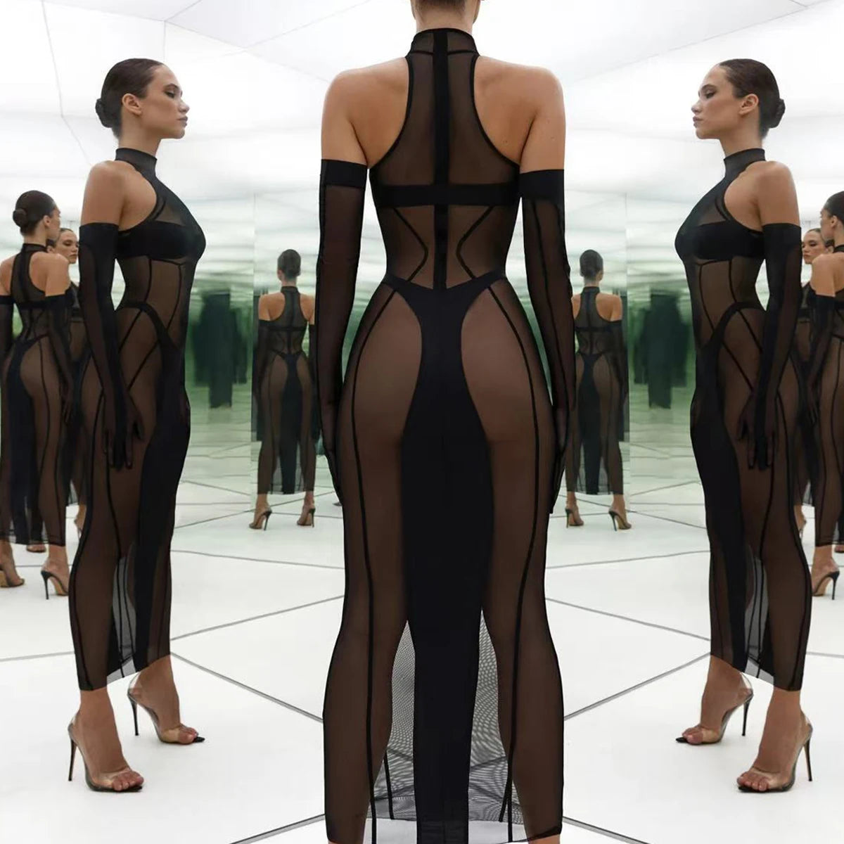 Ellolace Elegant Bodysuit Sleeveless Sexy Long Body Thong 2PC with Gloves Exclusive Mesh Pattern See Through Zip Female Clothing