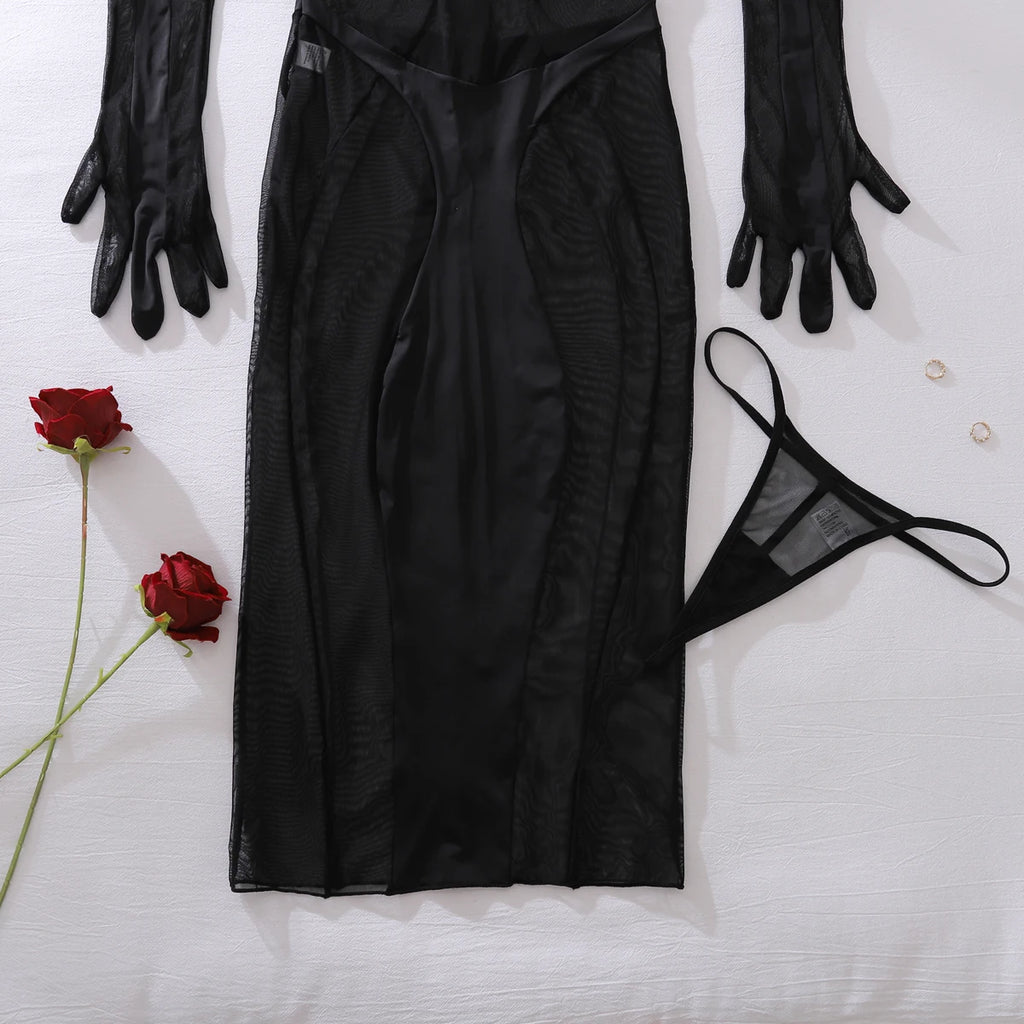 Ellolace Elegant Bodysuit Sleeveless Sexy Long Body Thong 2PC with Gloves Exclusive Mesh Pattern See Through Zip Female Clothing
